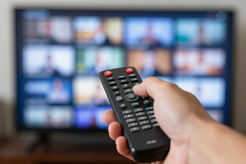 Telecomando puntato verso la TV per scegliere un programma in prima serata