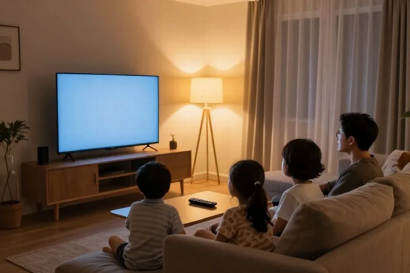 Famiglia sul divano davanti alla TV in una serata in casa