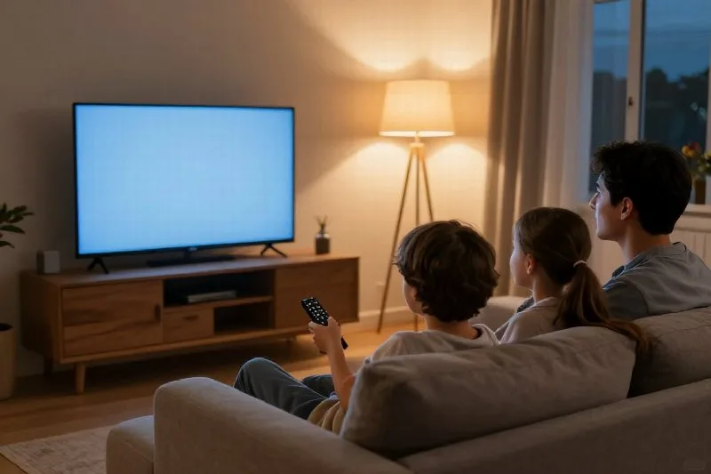 Famiglia sul divano che sceglie cosa guardare in TV la sera